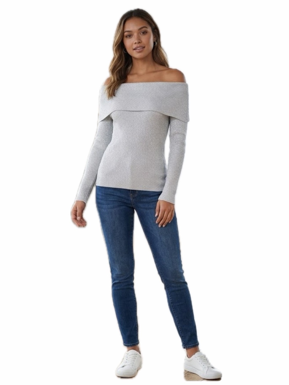 PINK ROSE WOMEN XL WHITE/BLUE GLITTER COMBO OFF THE SHOULDER SWEATER NWT